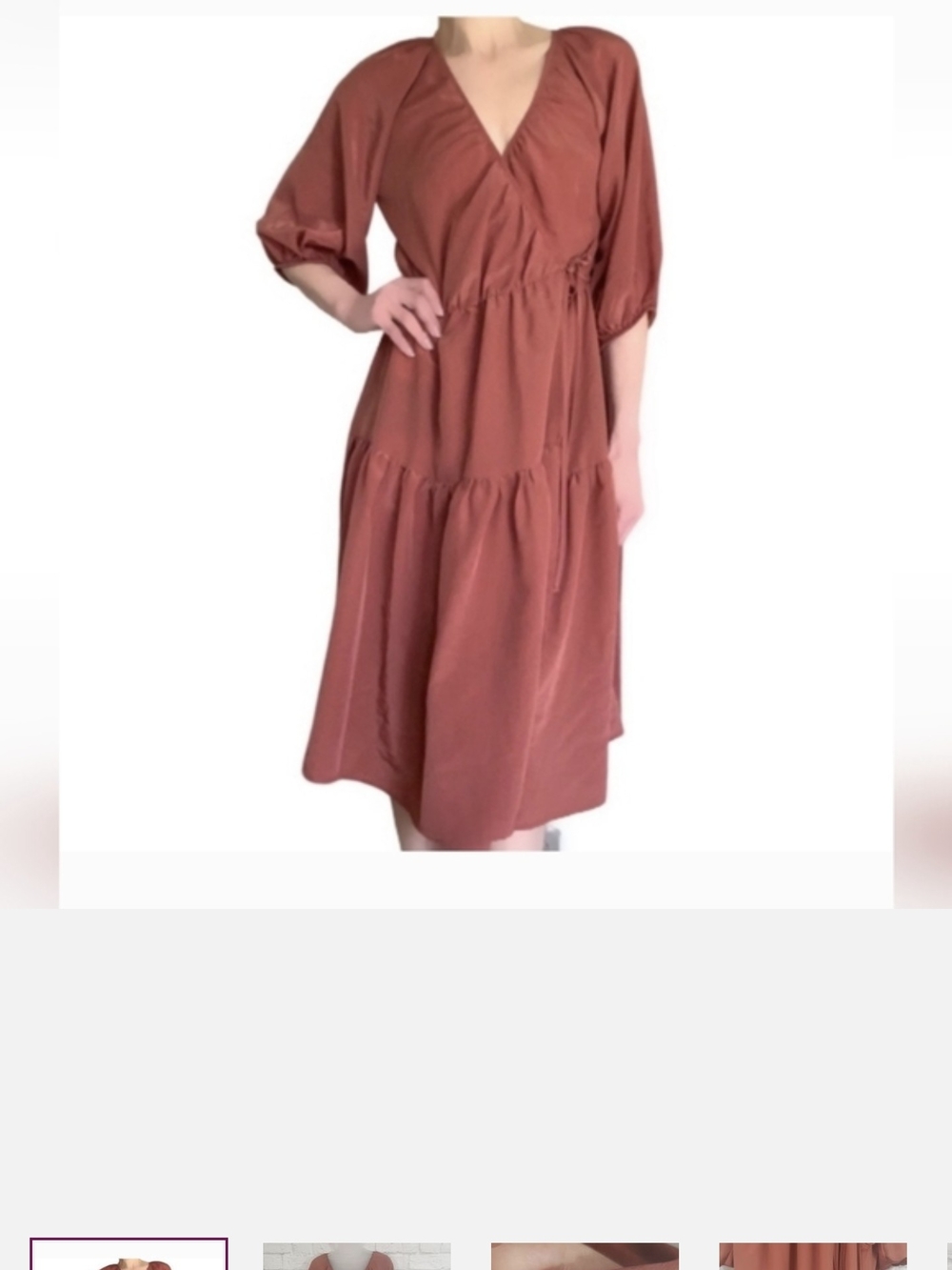 Wrap Midi Dress with Puff Sleeves in Rusty Terracotta